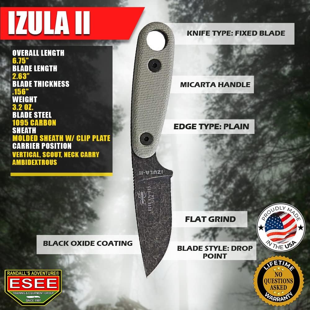 Knives Izula-II Fixed Blade Knife, w/Micarta Handle, Molded Sheath, & Clip Plate (Black Oxide)