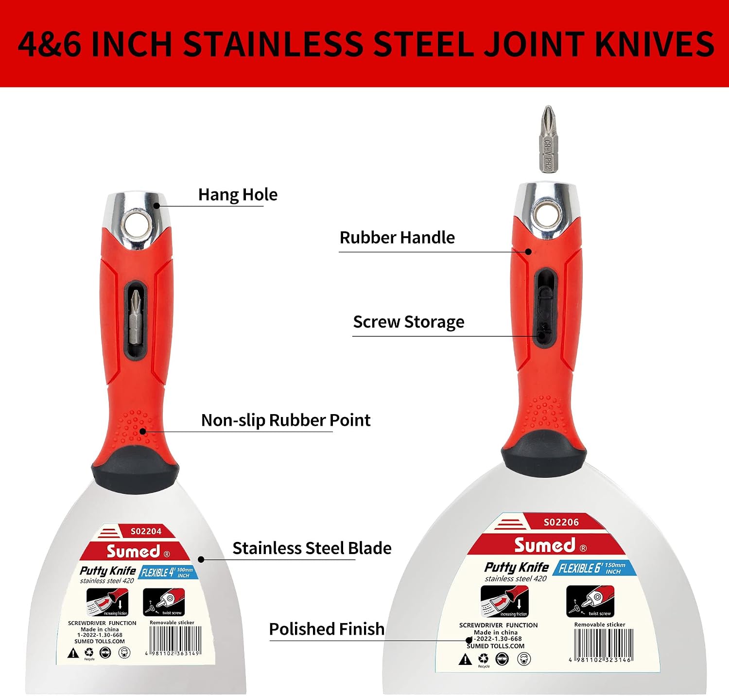 Drywall Tool Kit Putty Knife Set, 8PCS | Stainless Steel, Multiple Knives, Paint Scraper, Mud Pan