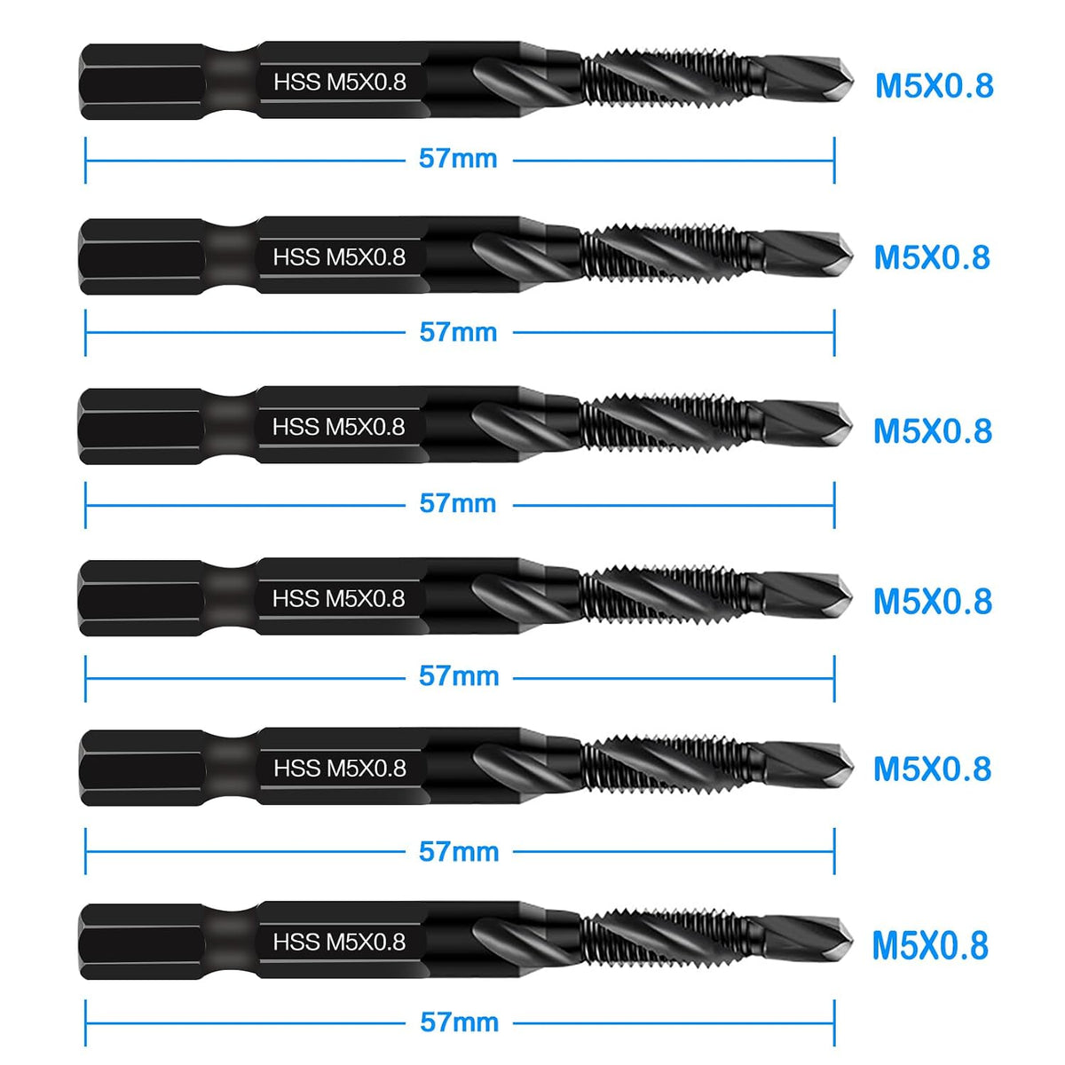 DKIBBITH 6 Packs M5 Combination Drill & Taps Bit Set, Screw Threading Tapping Tools in Size M5*0.8 with Anti-Rust Black Coating, 1/4" Hex Shank and Storage Case
