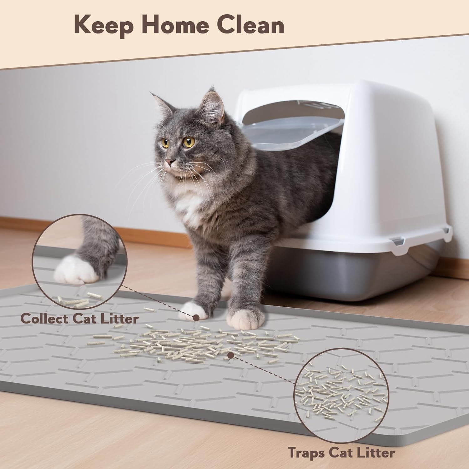 Cat Mat for Litter Box, Large 34.05×22.5 inch Cat Litter Mat, Waterproof Silicone Pad for Floor, Gray