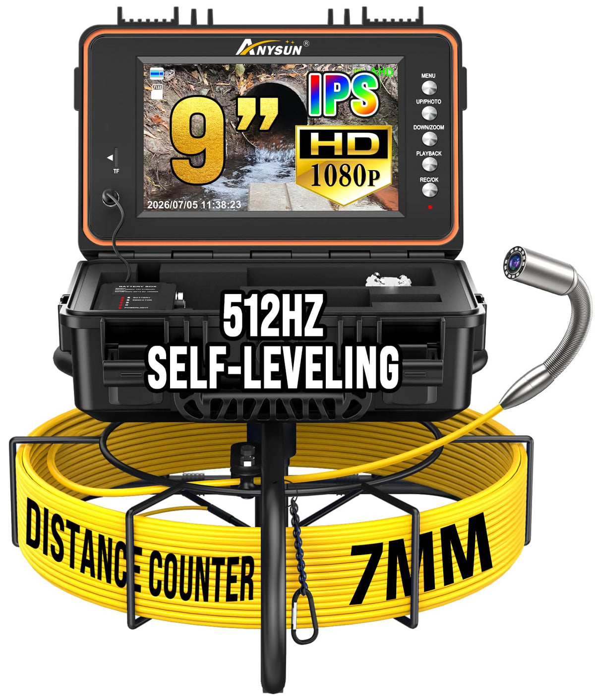 Anysun Self-Leveling Sewer Camera with 512Hz Transmitter, Distance Counter