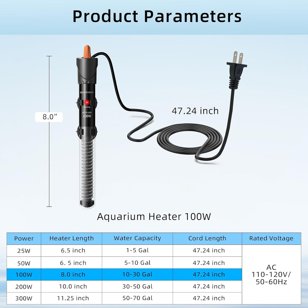 Aquarium Heater 25W/50W/100W/200W/300W, Adjustable Knob Fish Tank Heater with Digital Thermometer, Submersible