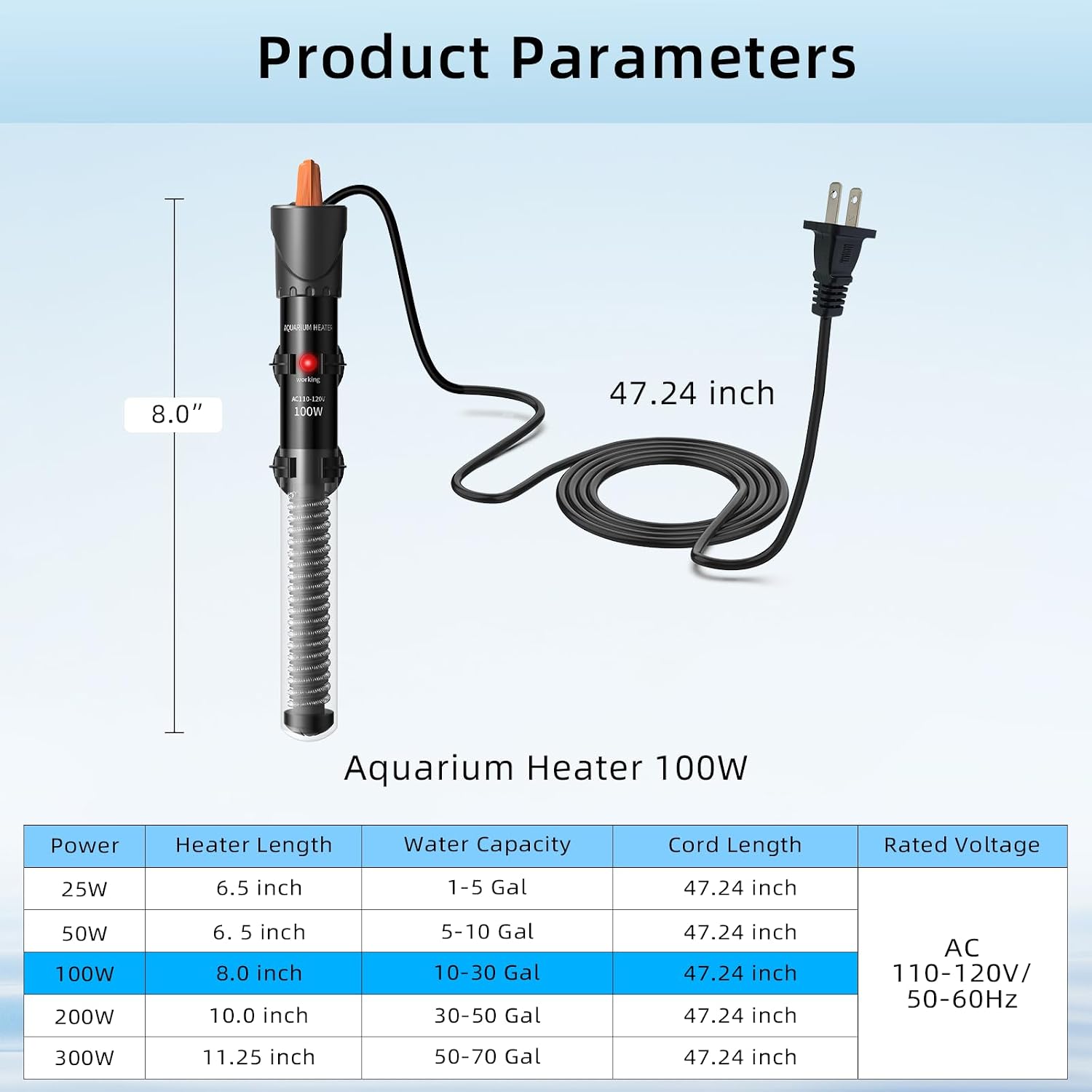 Aquarium Heater 25W/50W/100W/200W/300W, Adjustable Knob Fish Tank Heater with Digital Thermometer, Submersible