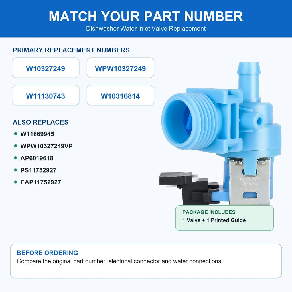 W10327249 WPW10327249 Dishwasher Water Inlet Valve Replacement, Compatible with Select Whirlpool, KitchenAid, Kenmore, Maytag, JennAir, IKEA & Amana Models, Replaces W11130743 W10316814