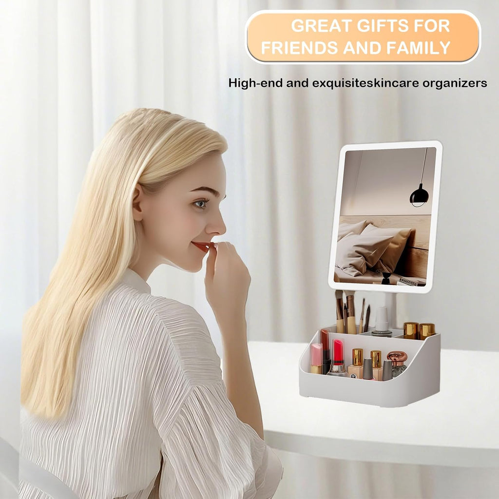 Rechargeable Makeup Mirror Organizer with LED Lights & 20X Magnification, Large Capacity Cosmetic Display Case for