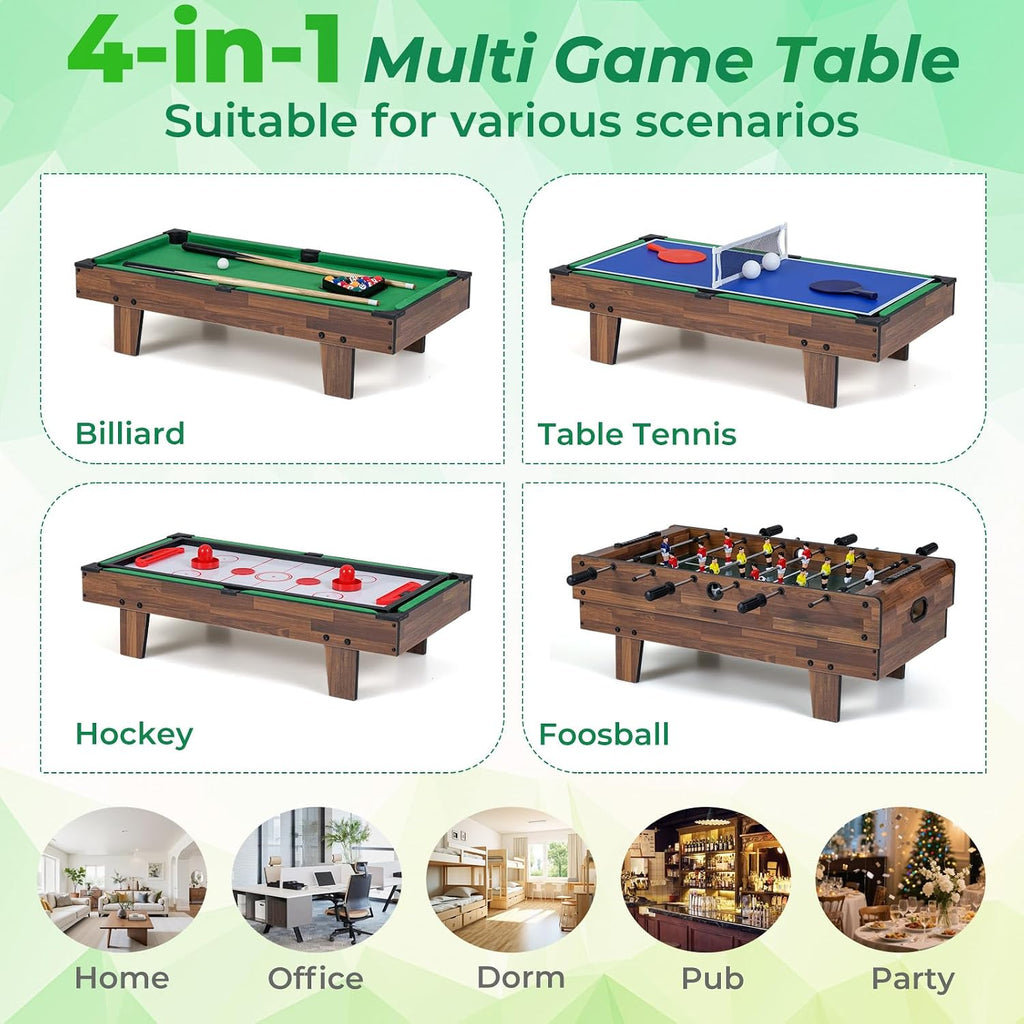 4 in 1 Multi Game Table, 32" Combo Game Table Set Includes Foosball, Pool Table, Hockey, Ping Pong Tabletops