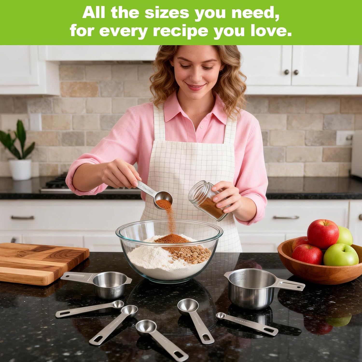 Stainless Steel Measuring Cups and Spoons Set of 10, Nesting Measuring Cup Set - 4 Cups 6 Spoons, Stackable Measure
