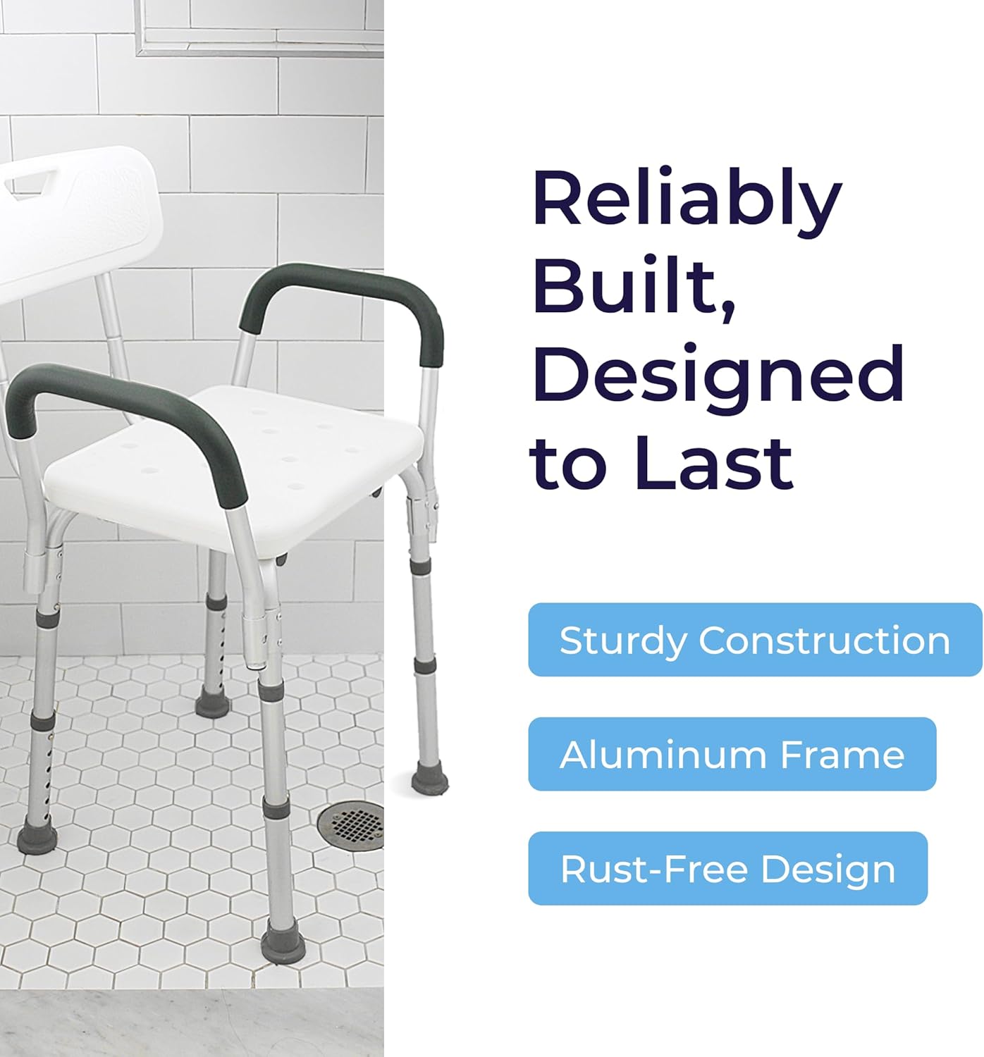 Shower Chair with Back & Padded Arms - Adjustable Height Bath Seat for Safety & Comfort - Lightweight Aluminum