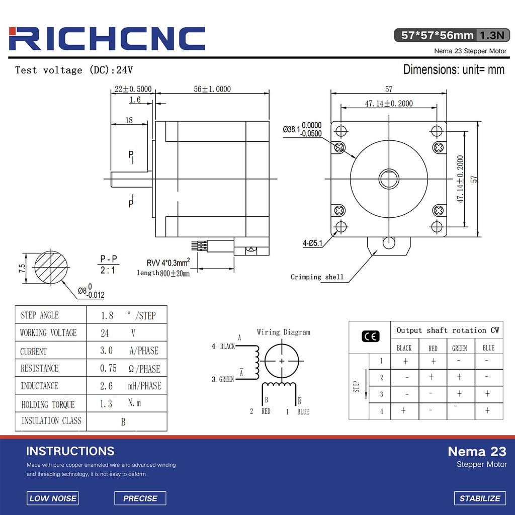 RICHCNC Nema 23 CNC Stepper Motor 184oz.in/1.3Nm Bipolar 3.0A CNC Mill Lathe Router 57x57x56mm