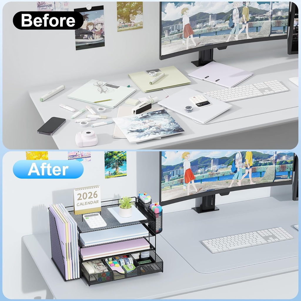 Desk Organizers and Accessories with File Holder, 4-Tier Desk Accessories & Workspace Organizers with Drawer and 2