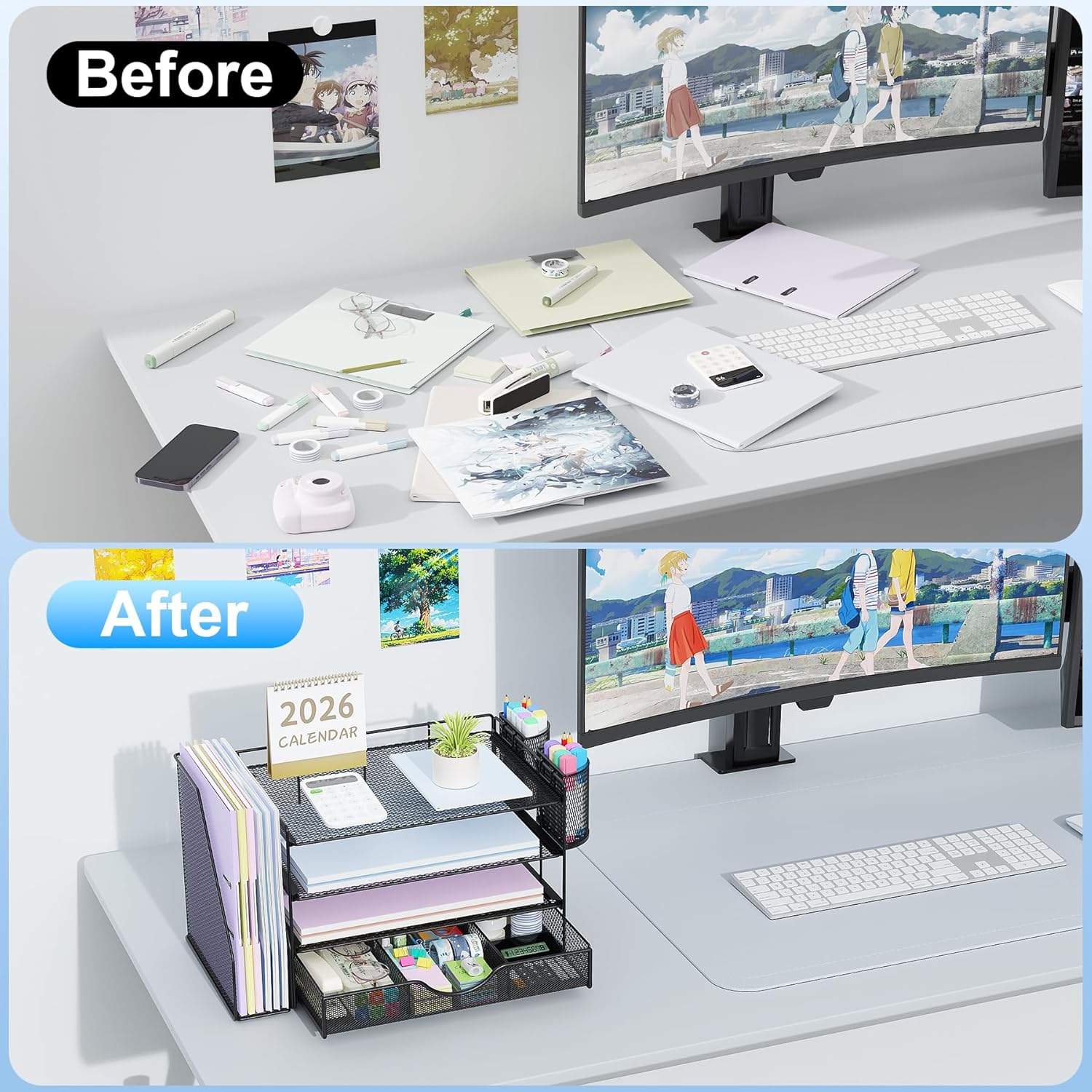 Desk Organizers and Accessories with File Holder, 4-Tier Desk Accessories & Workspace Organizers with Drawer and 2