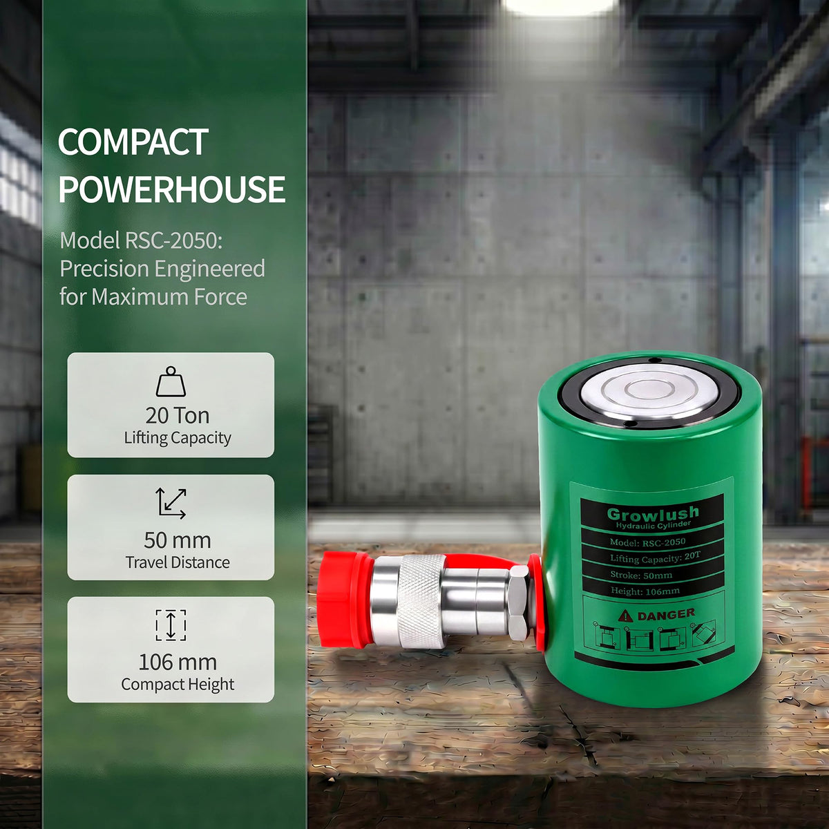Growlush 20T Single-Acting Hydraulic Cylinder, 50mm(2") Stroke