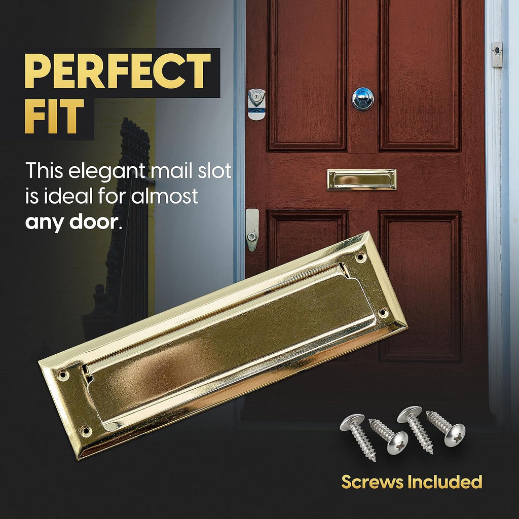 Solid Steel Gold Color | Mail Slot Fits to Most Doors | Outer Size 10 Inches by 3 inches | Set with Front and Rear