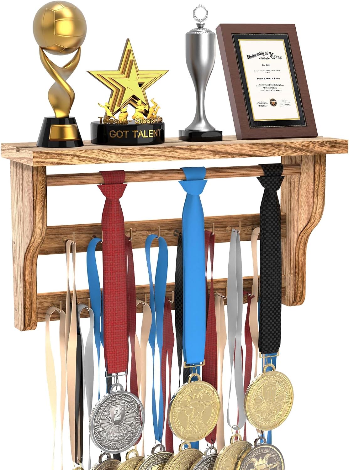 Medal Hanger Display, Large Capacity Trophy and Medal Display Shelf | Natural Solid Wood, Anti-Slip Groove, Widening