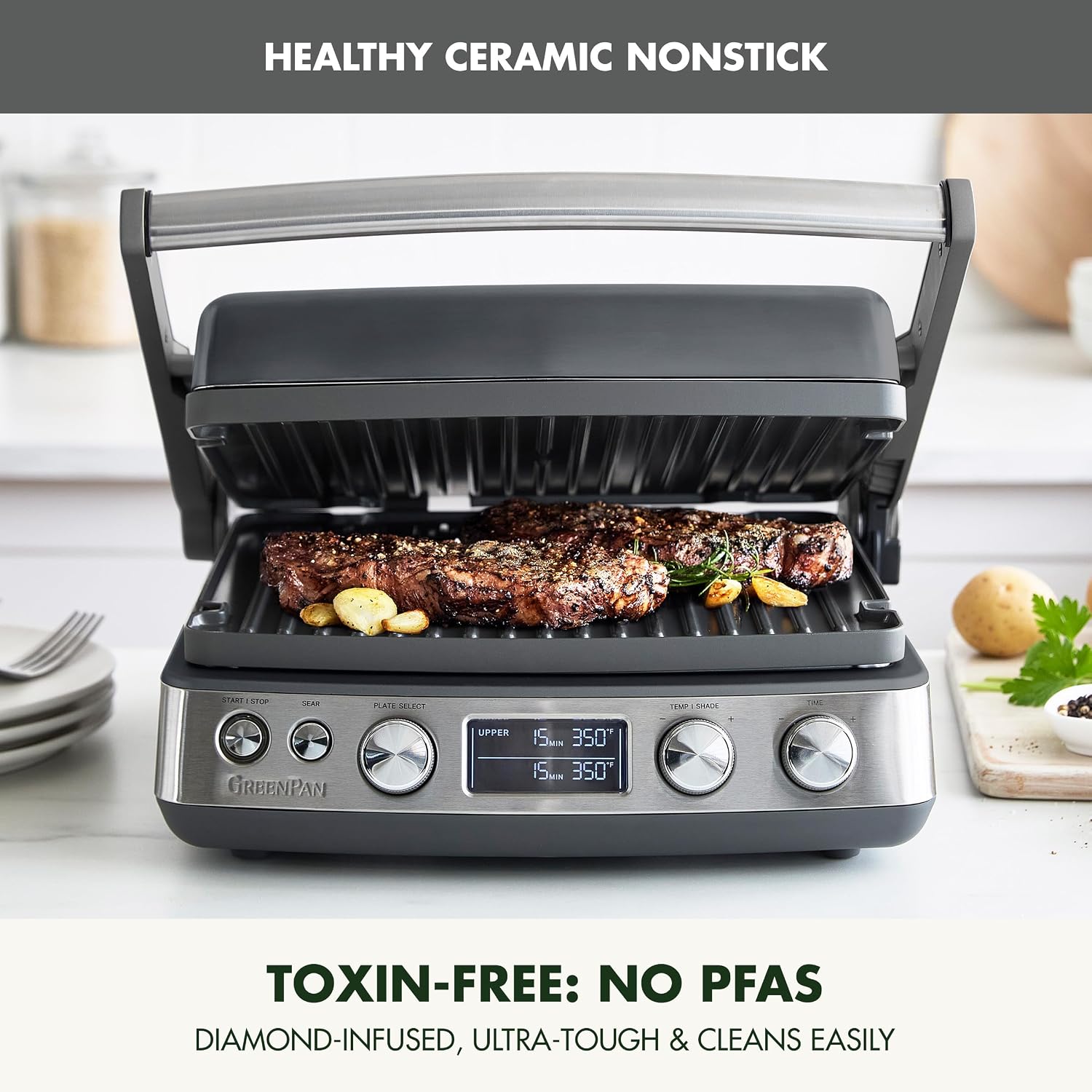 Elite 6-in-1 Multi-Function Contact Grill & Griddle, Healthy Ceramic Nonstick Reversible Plates, Adjustable Shade &
