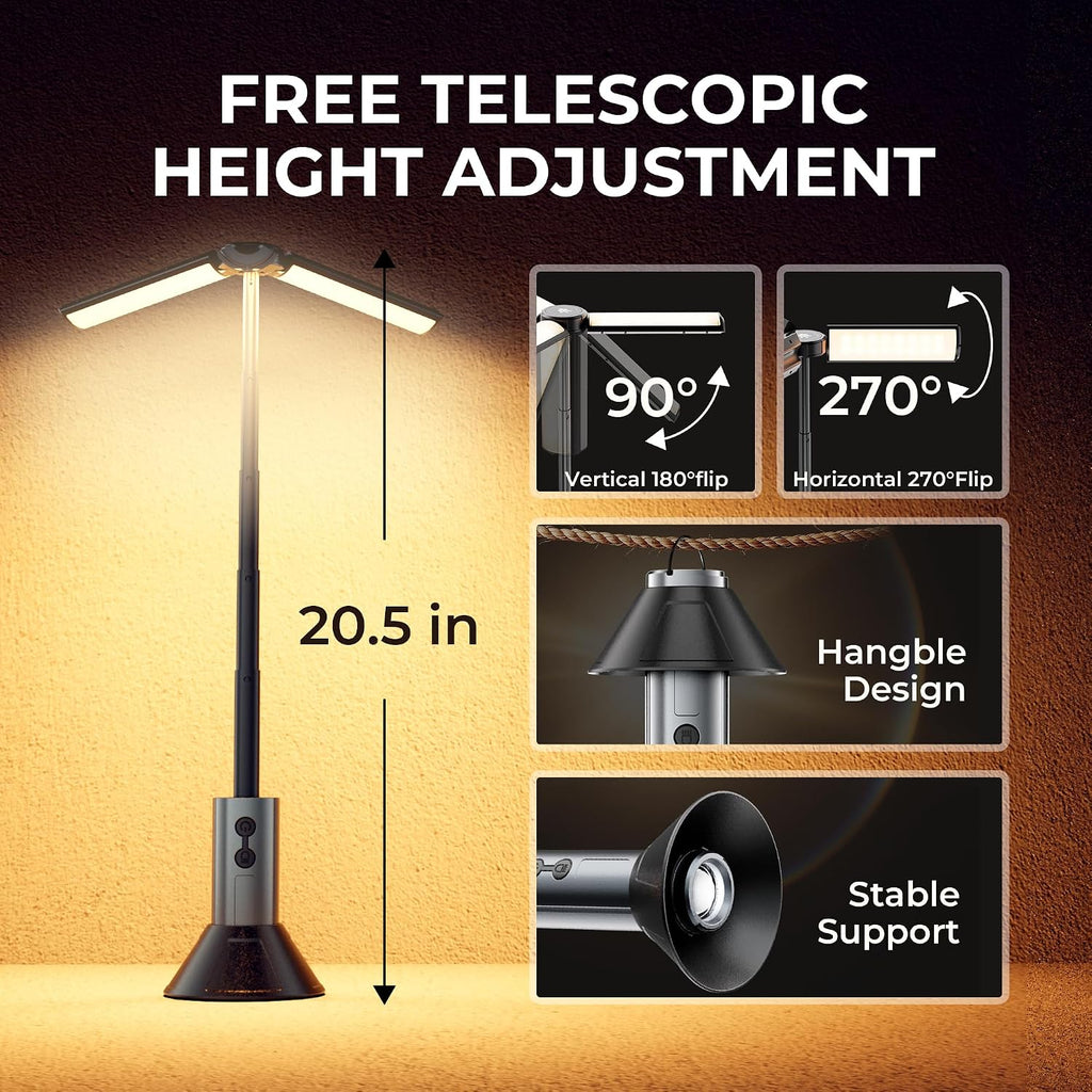 Rechargeable Camping Lantern, 8000mAh Telescoping LED Work Light with 5-Section Adjustable Height, Bottom Spotlight