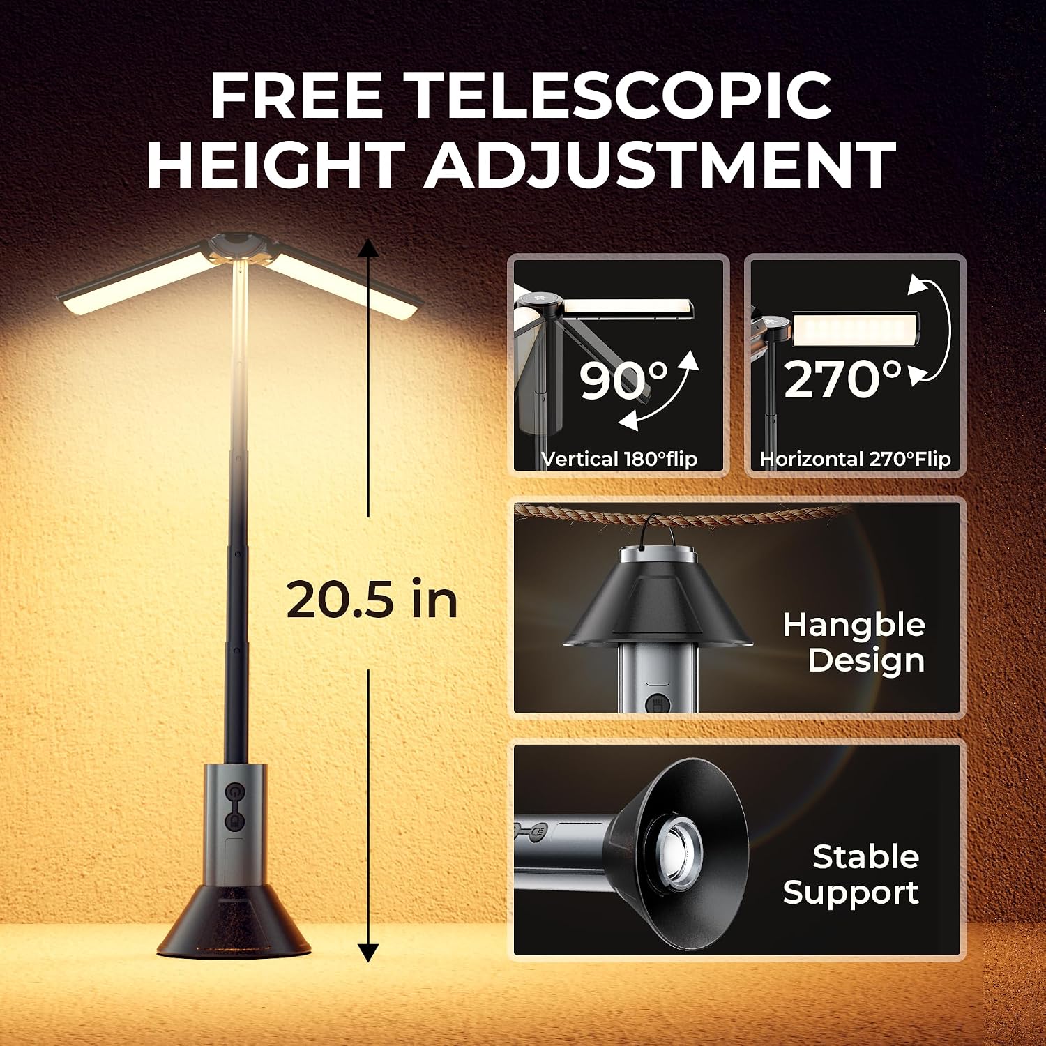 Rechargeable Camping Lantern, 8000mAh Telescoping LED Work Light with 5-Section Adjustable Height, Bottom Spotlight