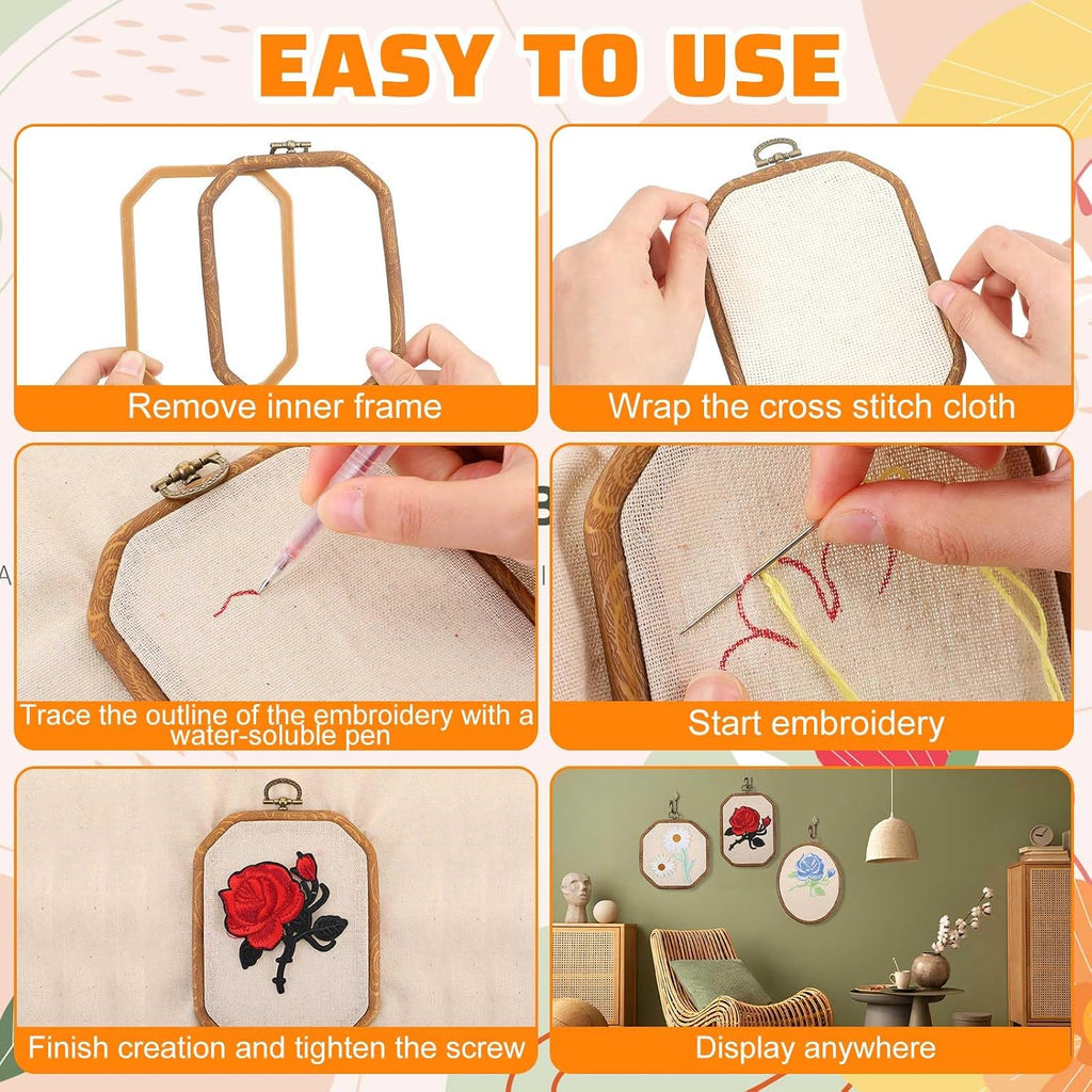 138 Pcs Embroidery Kit 9 Hoop 100 Thread 5 Fabric 16 Needles | Bamboo Frames in 3 Shapes, Rainbow Floss Skeins, 8