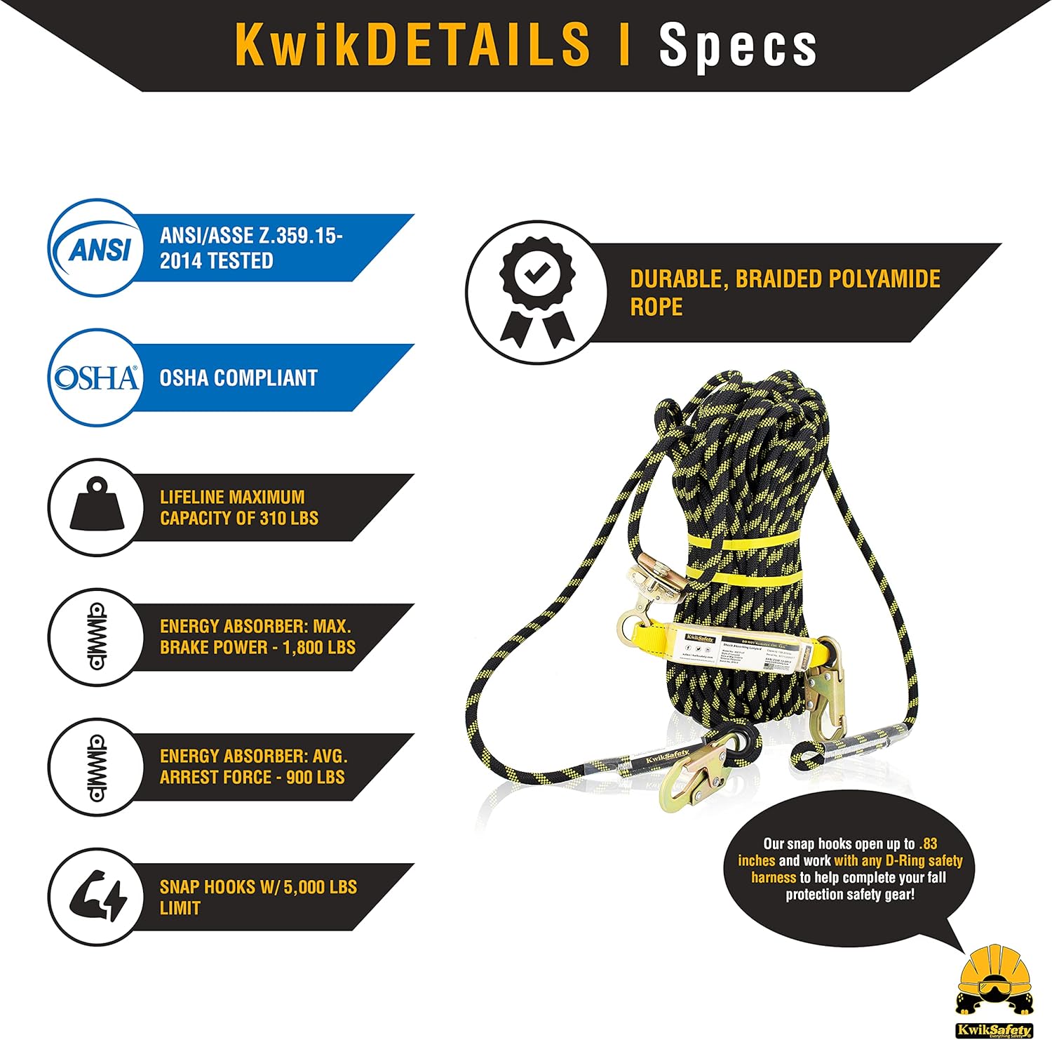 Charlotte, NC - Tsunami [Premium Braided Rope] Vertical Lifeline ANSI OSHA Rope Grab Snap Hook Shock Absorber Fall