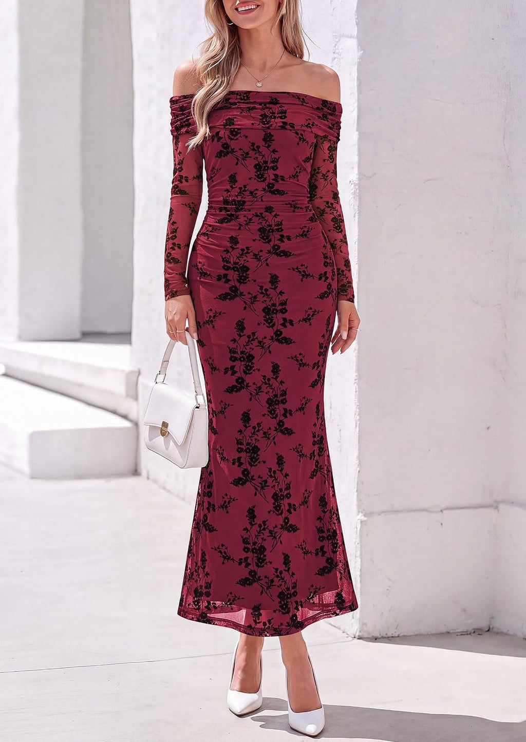 Womens Fall Off Shoulder Floral Maxi Wedding Guest Dress