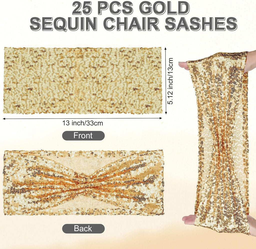50 Pcs Spandex Folding Chair Cover with Sashes Set, Black, Gold