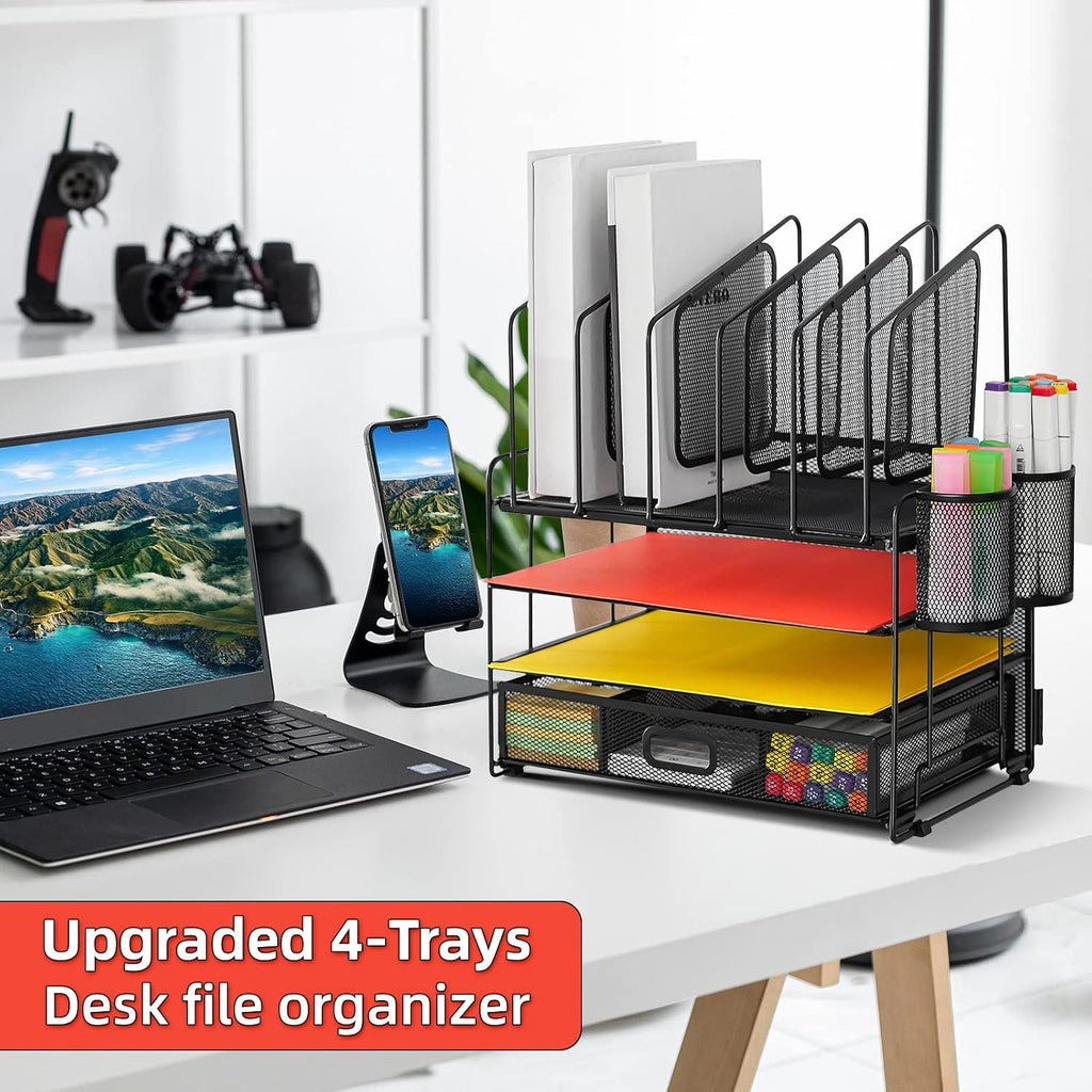 Desk organizer with Drawer, 4-Tier Mesh File Organizer with 5 Vertical File Holders and 2 Pen Holders, Multifunction