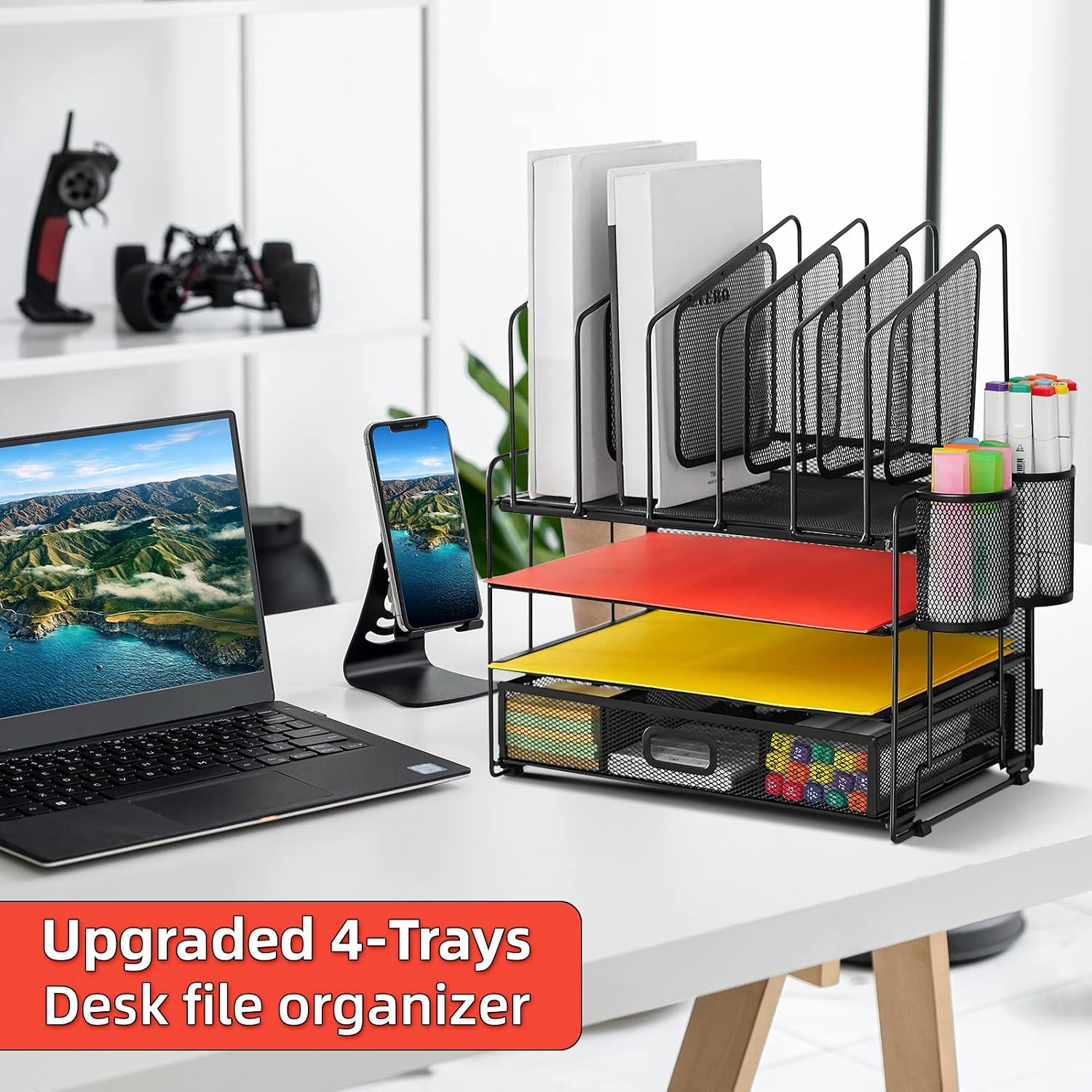 Desk organizer with Drawer, 4-Tier Mesh File Organizer with 5 Vertical File Holders and 2 Pen Holders, Multifunction