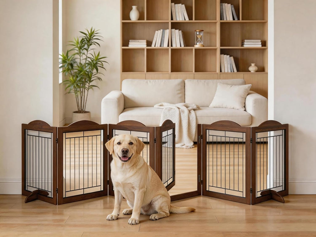 Folding No-Assembly Dog Door Pet Gate 144" Wide, 30" Tall Wooden Dog Gate with Door Walk Through, Freestanding Wire