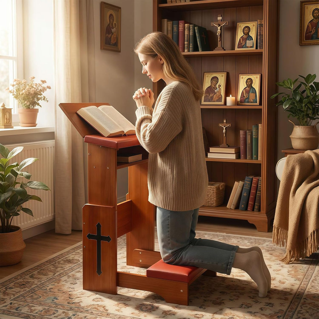 Folding Prayer Kneeler Bench, Adjustable Wooden with Bookshelf