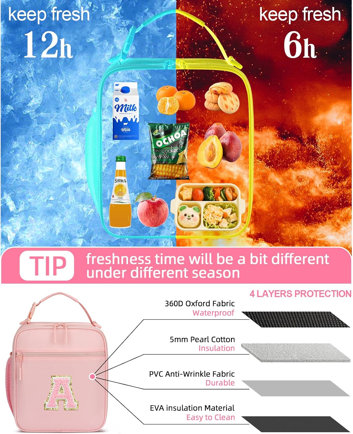 Lunch Box Kids Large Initial Insulated Lunch Bag for Girls | Toddler Lunchbox, Leak-Proof, Reusable Lunchbag, School