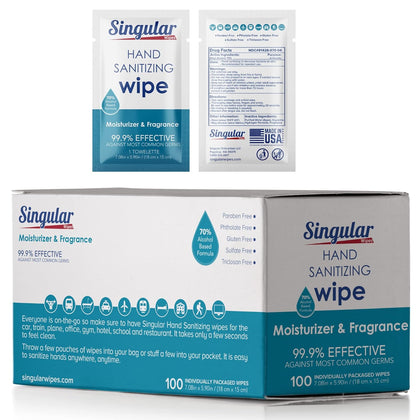 Hand Sanitizing Wipes Travel Size by Singular Wipes – 100ct Individually Wrapped | Fresh Citrus Scent, Moisturizing