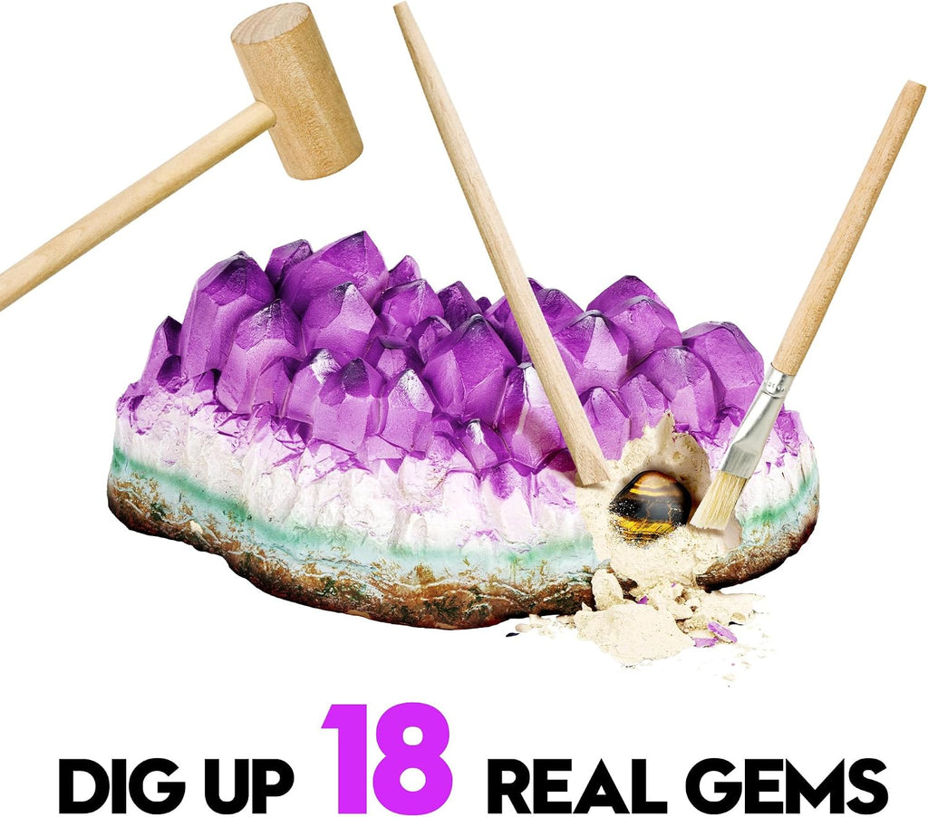 Piano Potato Jumbo Gemstone Dig Kit, 18 Real Crystals & Gems, STEM Toy 6+ | Amethyst Gem Dig Block, 5 Tools &