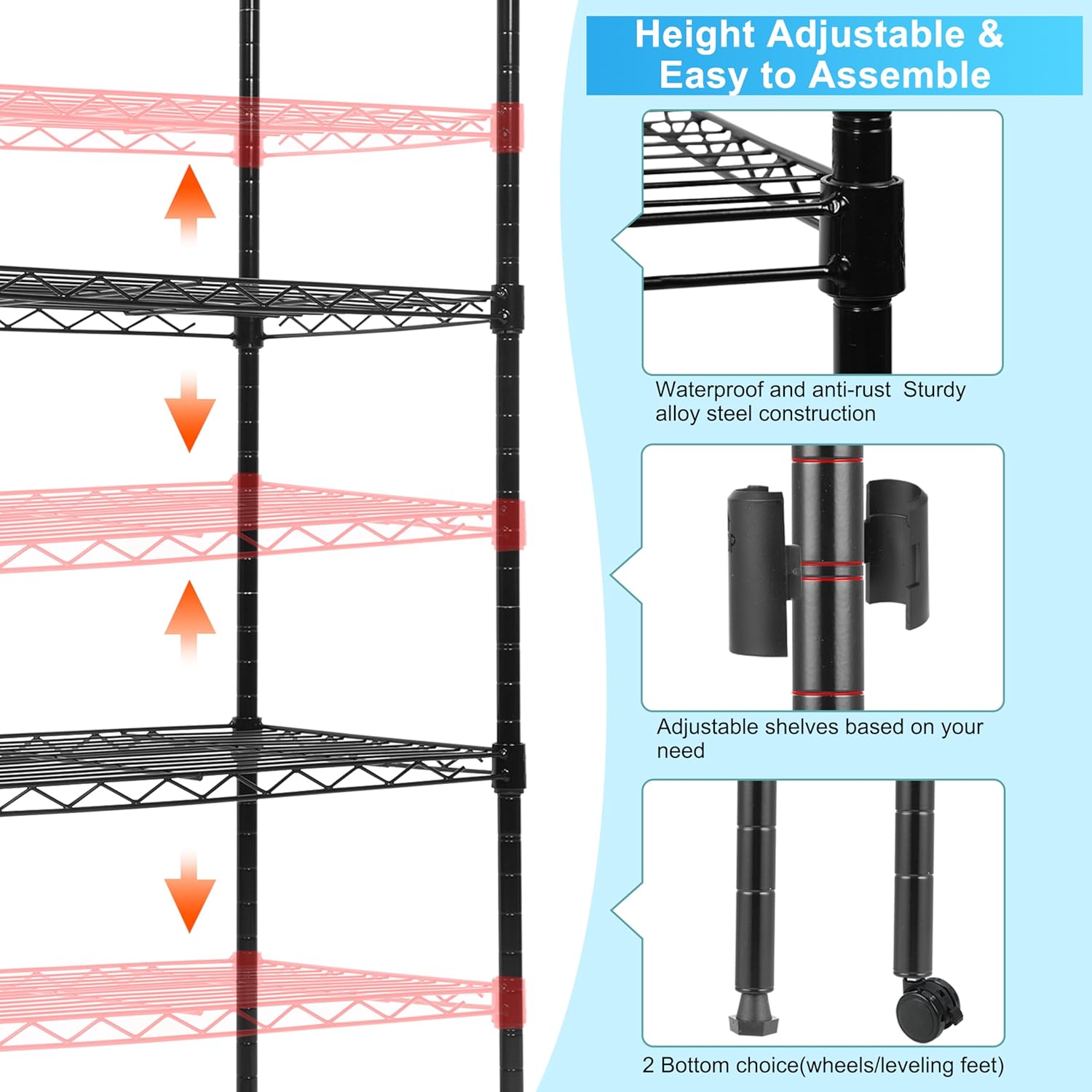 5 Tier Shelving Unit, Adjustable Storage Shelves with Wheels, Wire Shelving, 400 lbs Capacity per Shelf, Max 2000 lbs