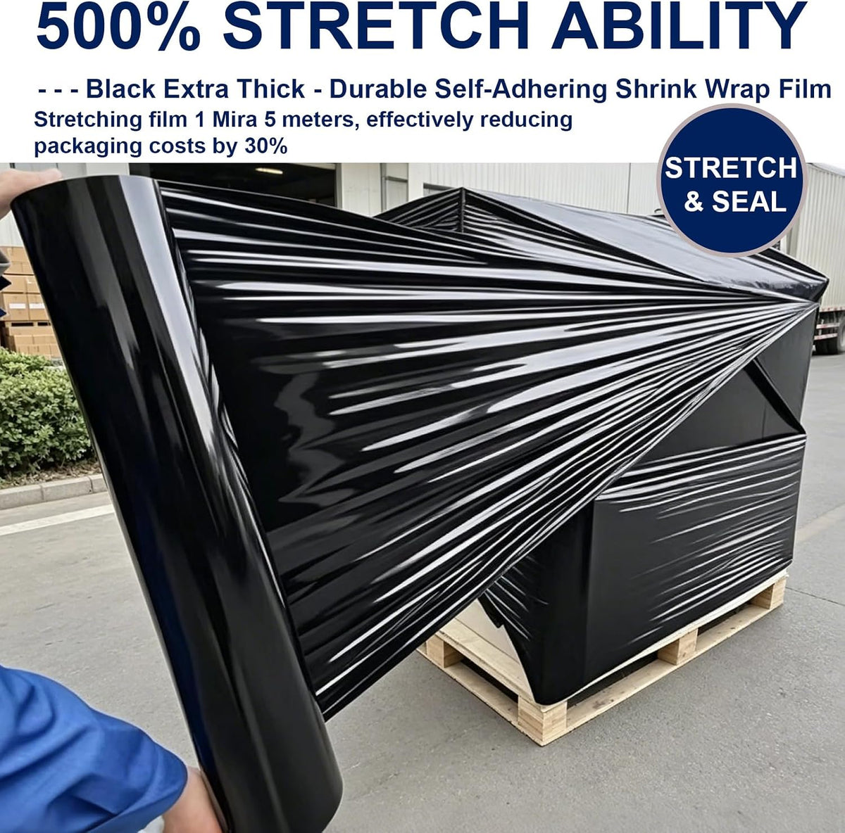 Black Stretch Wrap 20" x 820ft 80 Gauge Industrial Strength with Handle