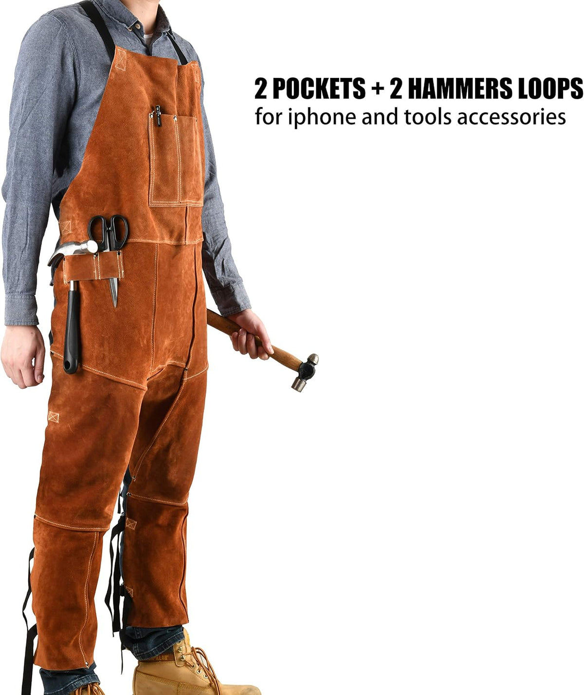 Leather Welding Apron Split Leg, Protective Chaps for Men | Spark Flame Heat Resistant Bib Pants - Heavy Duty Cowhide