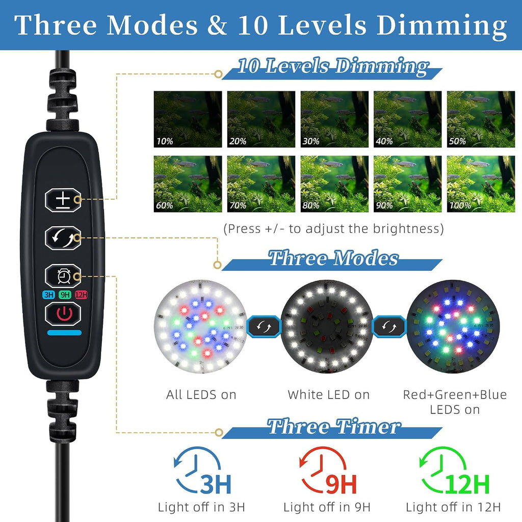 Mini Clip On Aquarium Light 7W Dimmable Small Fish Tank Light USB Moving Lamp with White Red Blue Green LED for 1 to