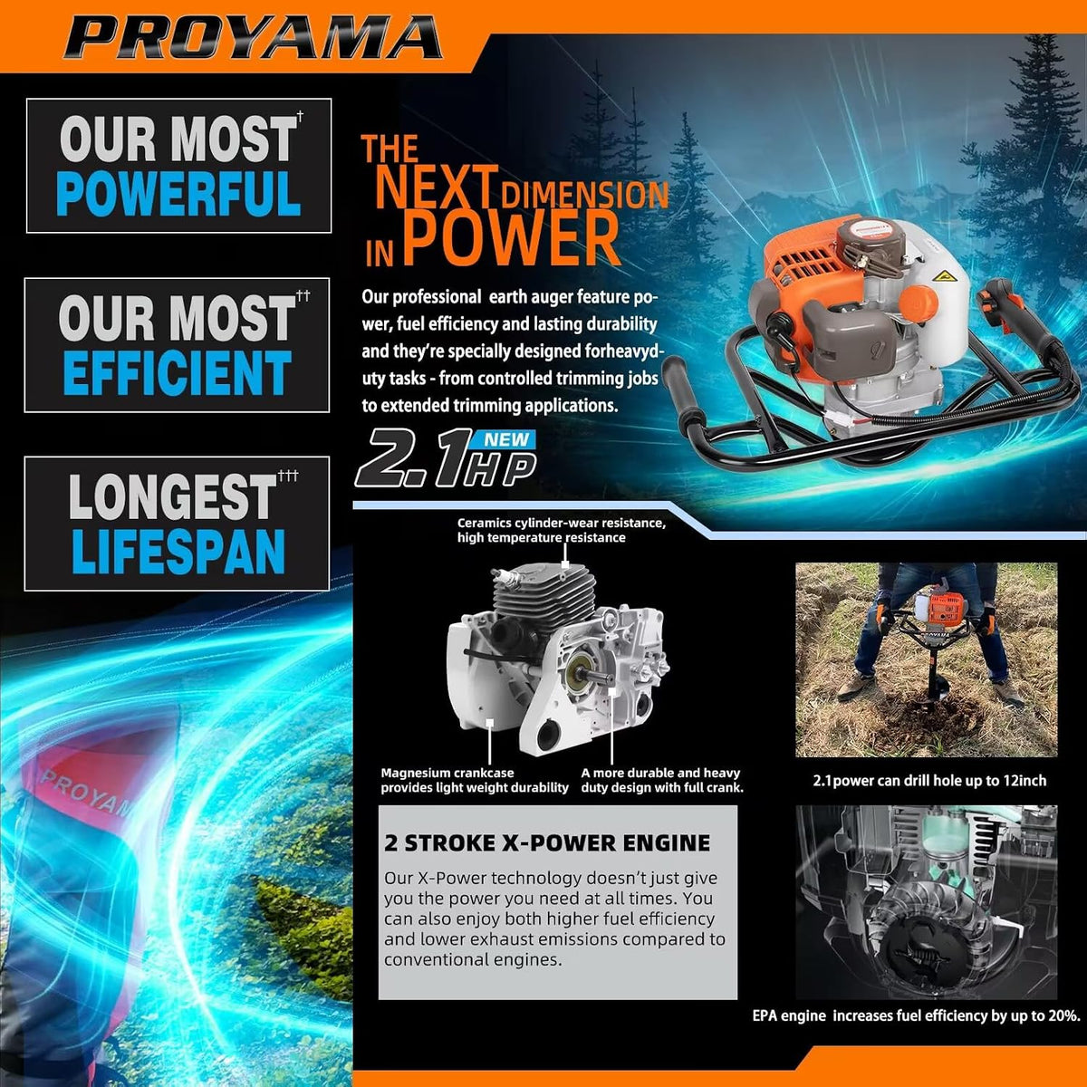 54cc Post Hole Digger, Gas Powered Easy Start Earth Auger Digger | 2 Cycle Heavy Duty Post Hole Digging with 4" 6" 8"