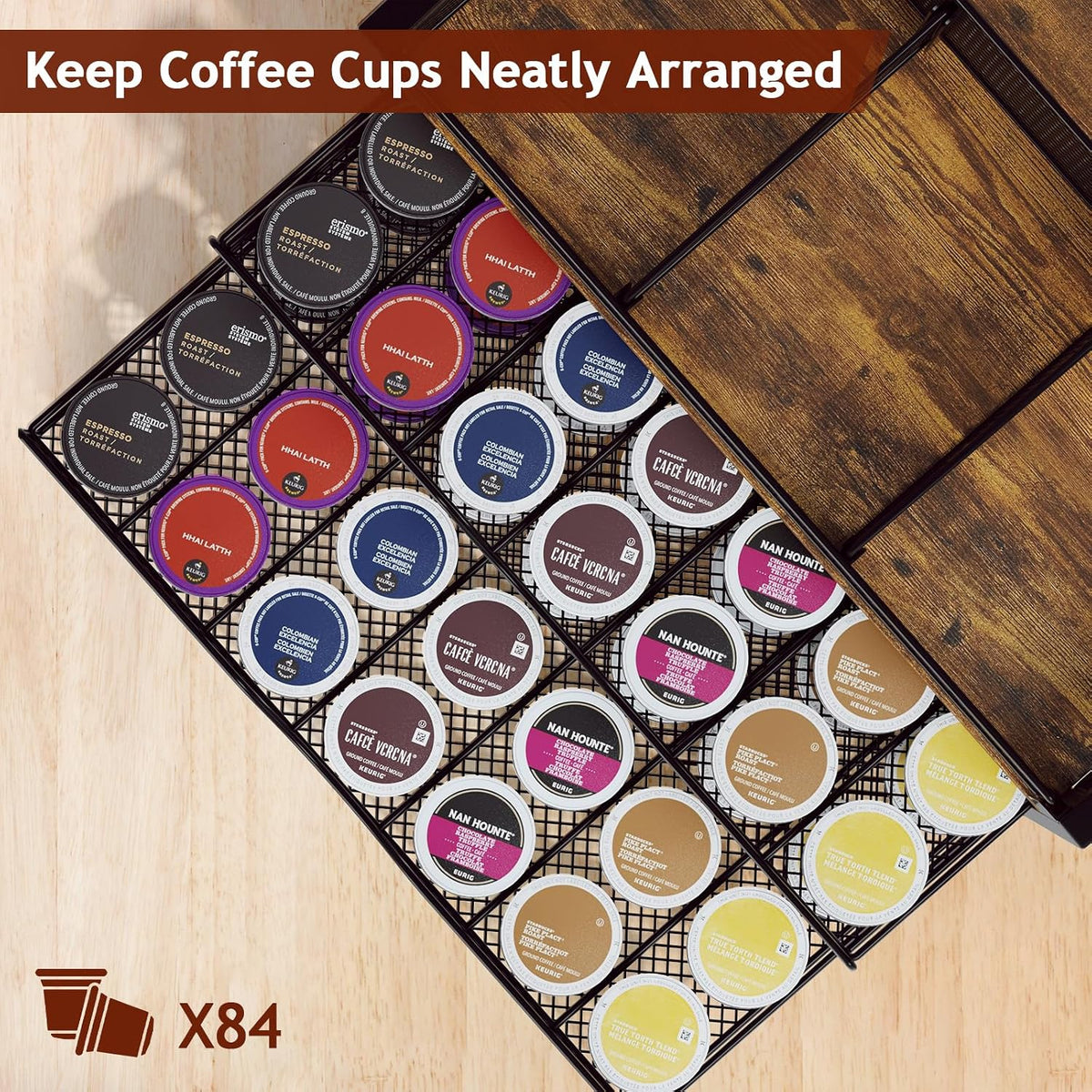 Coffee Bar Organizer, Metal & Wood Coffee Station Holds 84 K Cup