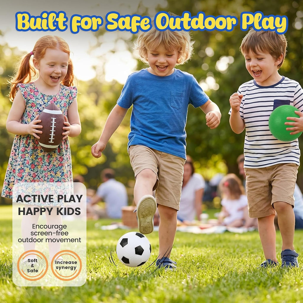 4-Pack Sports Balls, 5-Inch Soccer Ball, Basketball, Playground Balls & 7 Inches Footballs for Toddlers Adult, Party