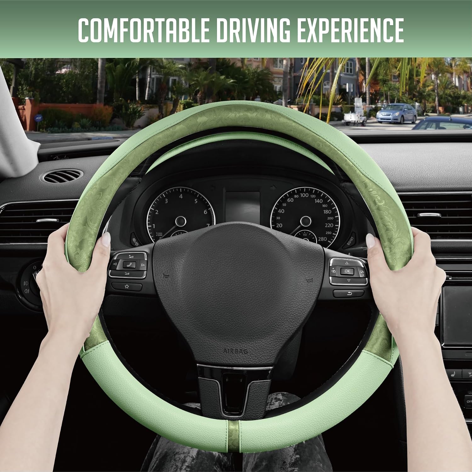 Steering Wheel Cover, Green Patterned Leather Patchwork Design, Universal Fit 14.5"–15.5", Anti-Slip, Odor-Free, Soft