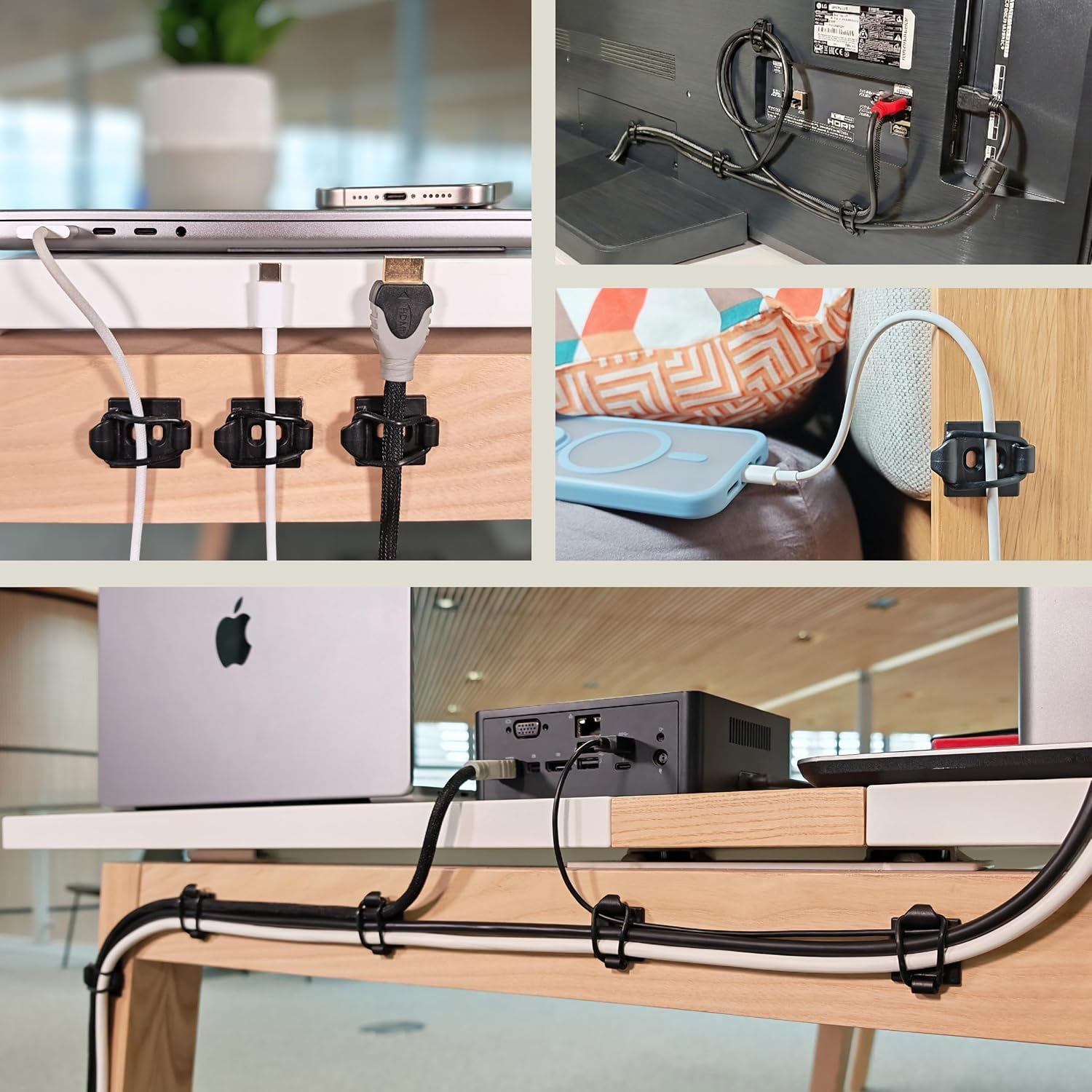 [Made in the UK] 10-Pack Adjustable Elastic Adhesive Cable Clips, Wire Management Holder, Cord Organizer for Home