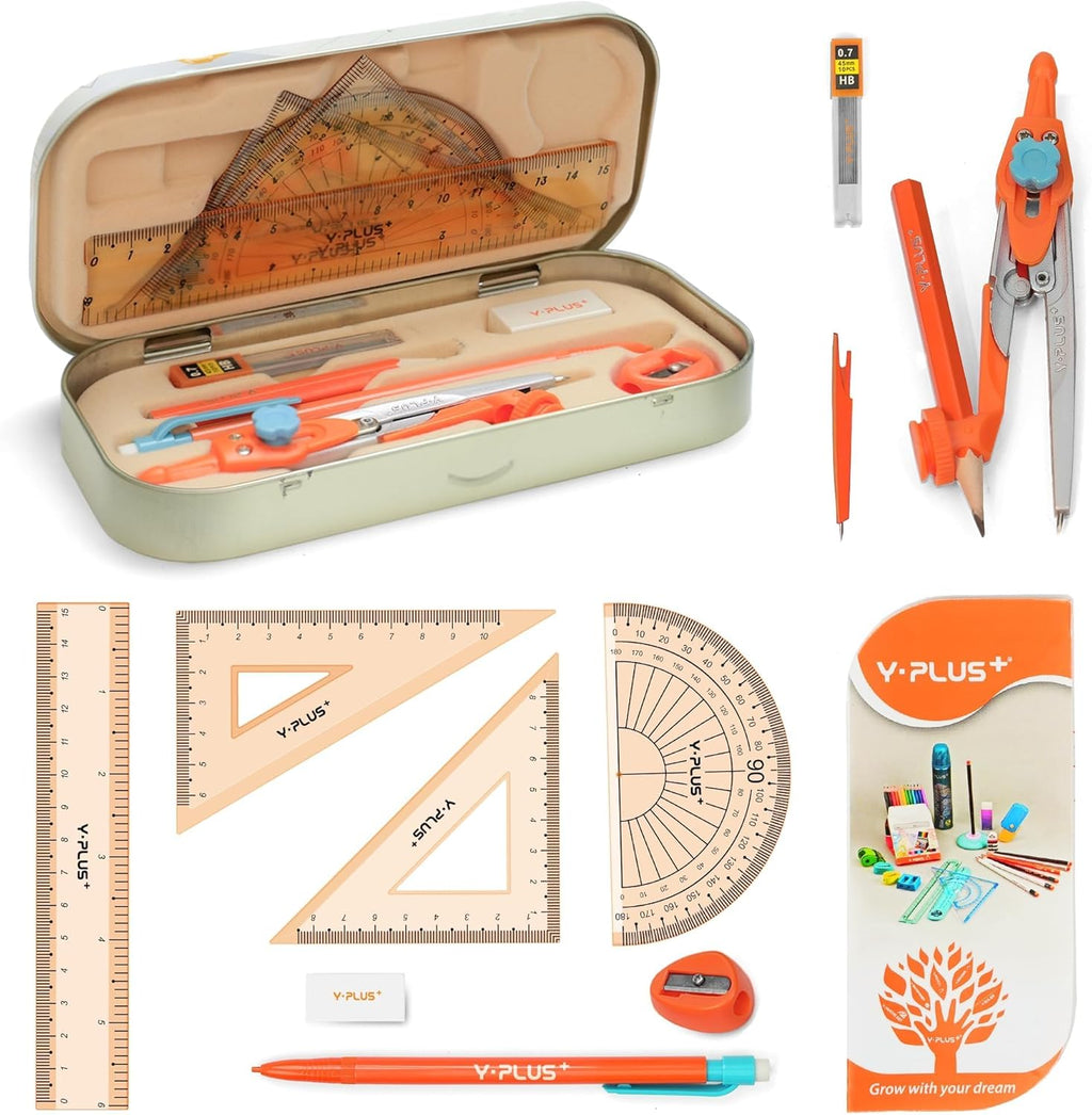 Geometry Set, Protractor and Compass Set for Students, 12Pcs | Compass Drawing Tool with Metal Case, Rulers