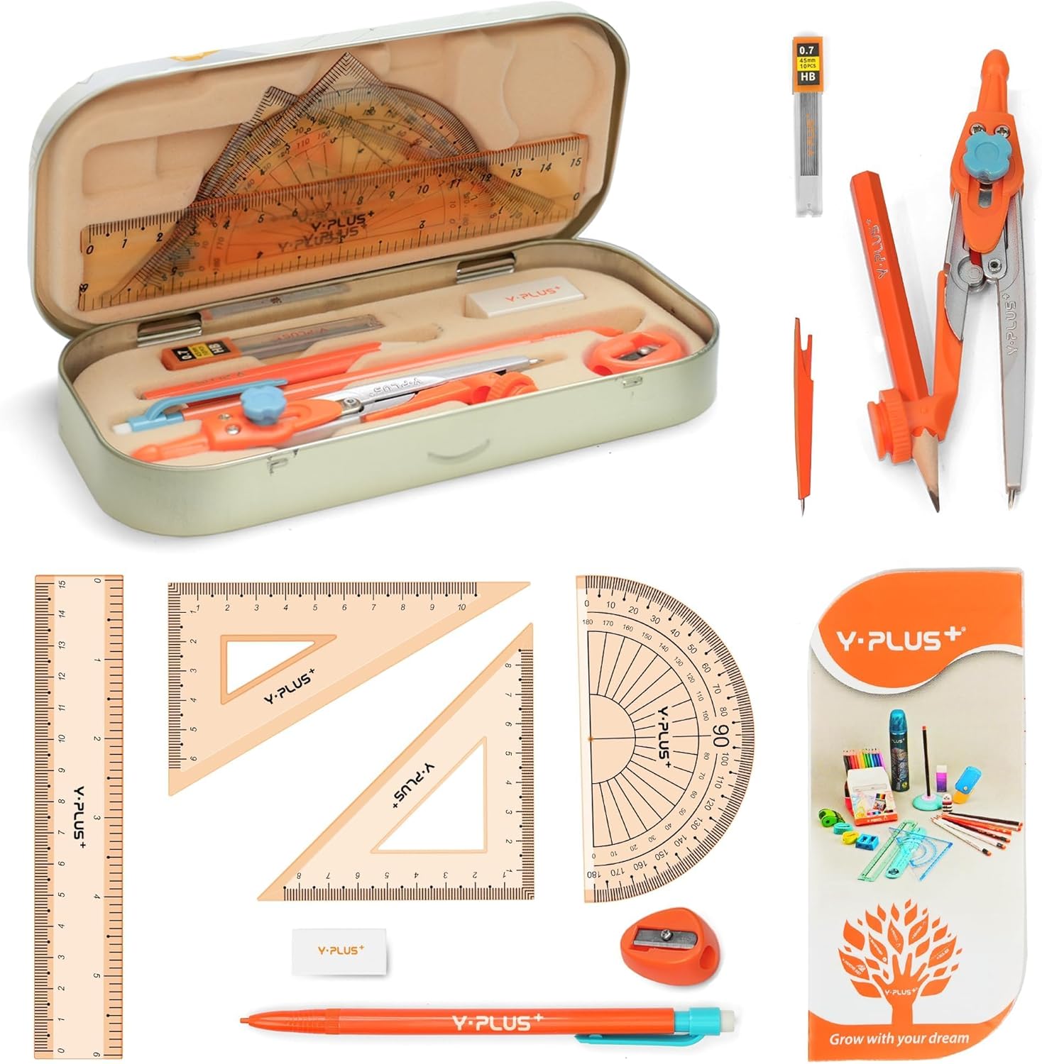Geometry Set, Protractor and Compass Set for Students, 12Pcs | Compass Drawing Tool with Metal Case, Rulers