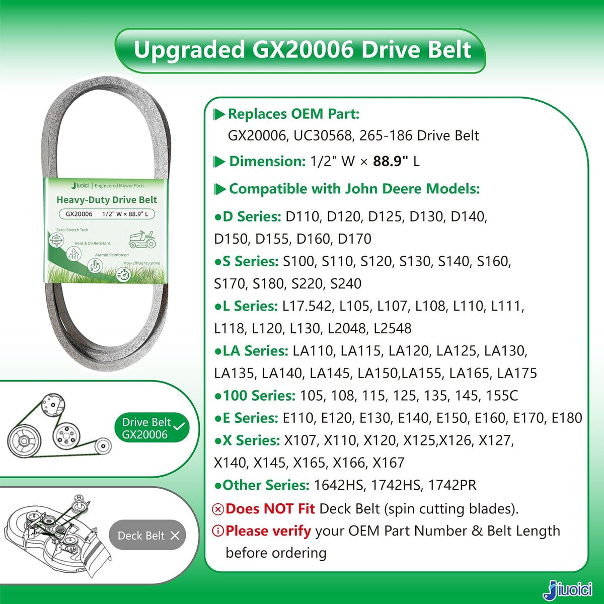 GX20006 UC30568 1/2"x88.9" Heavy-Duty Mower Drive Belt Fits John Deere