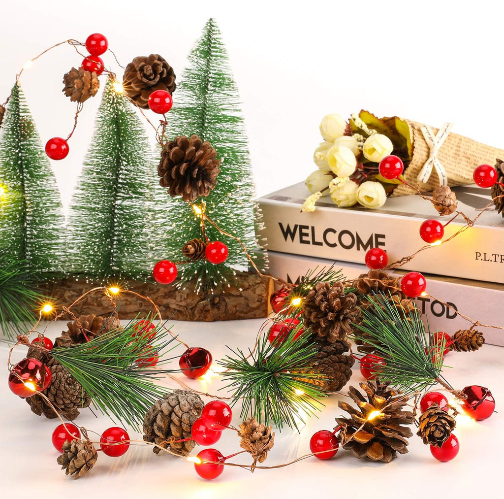 Christmas Garland with Lights, Red Berry Pine Cone 6.5FT 20 LED Garland Lights Battery Operated, led Garland String