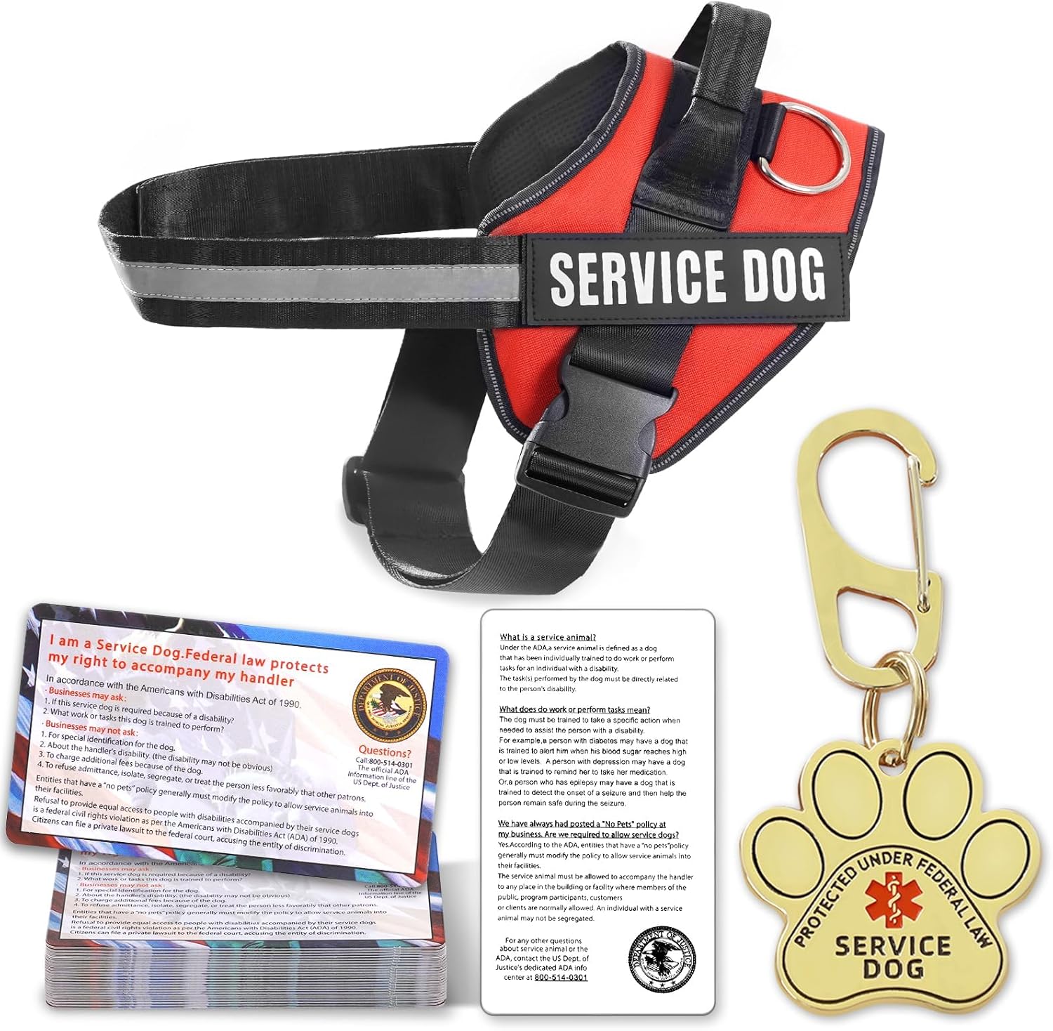 Service Dog Vest, ID Tag + 50 ADA Information Cards, Service Dog Harness in Sizes X Small to XX Large, Metal Dog Tag
