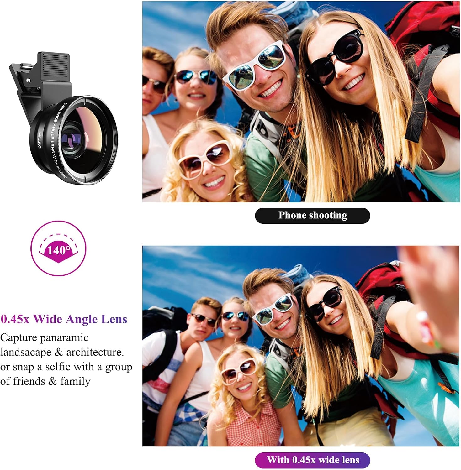 Phone Camera Lens, 2 in 1 Cell Phone Clip-on Lens Kit | 0.45X Wide Angle Lens 140°+ 12.5X Macro Lens Clip-on iPhone