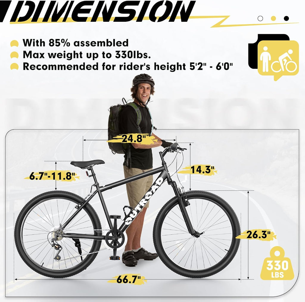 Hardtail Mountian Bike with 7 Speeds Drivetrain for Adult, 26 Inch Mens Womens MTB with Widened Carbon Steel Frame