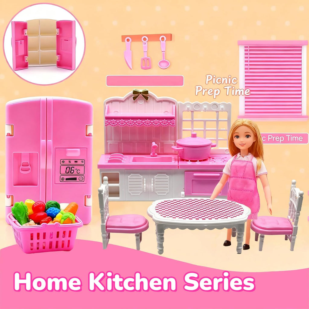 Dollhouse Furniture Set - 38 Pcs,Miniature Accessories with Cat,Dog, Kitchen, Bedroom, Living Room & Bathroom - Doll