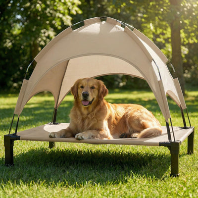 Elevated Dog Bed with Canopy Raised Pet Cot for Large Dogs, Outdoor Dog Cot with Removable Sun Shade Tent, Breathable
